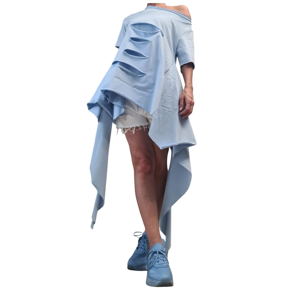 Avant Garde Light Blue Deconstructed Tunic, Asymmetric Loose Blouse, Short Sleeve