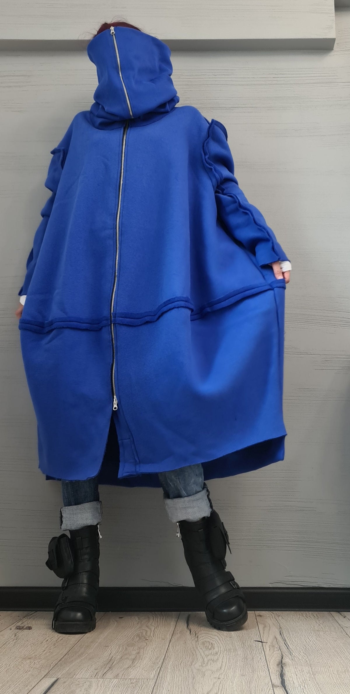 Royal Blue Oversized Cotton Jacket, Long Sweatshirt Coat with High Collar, Plus Size