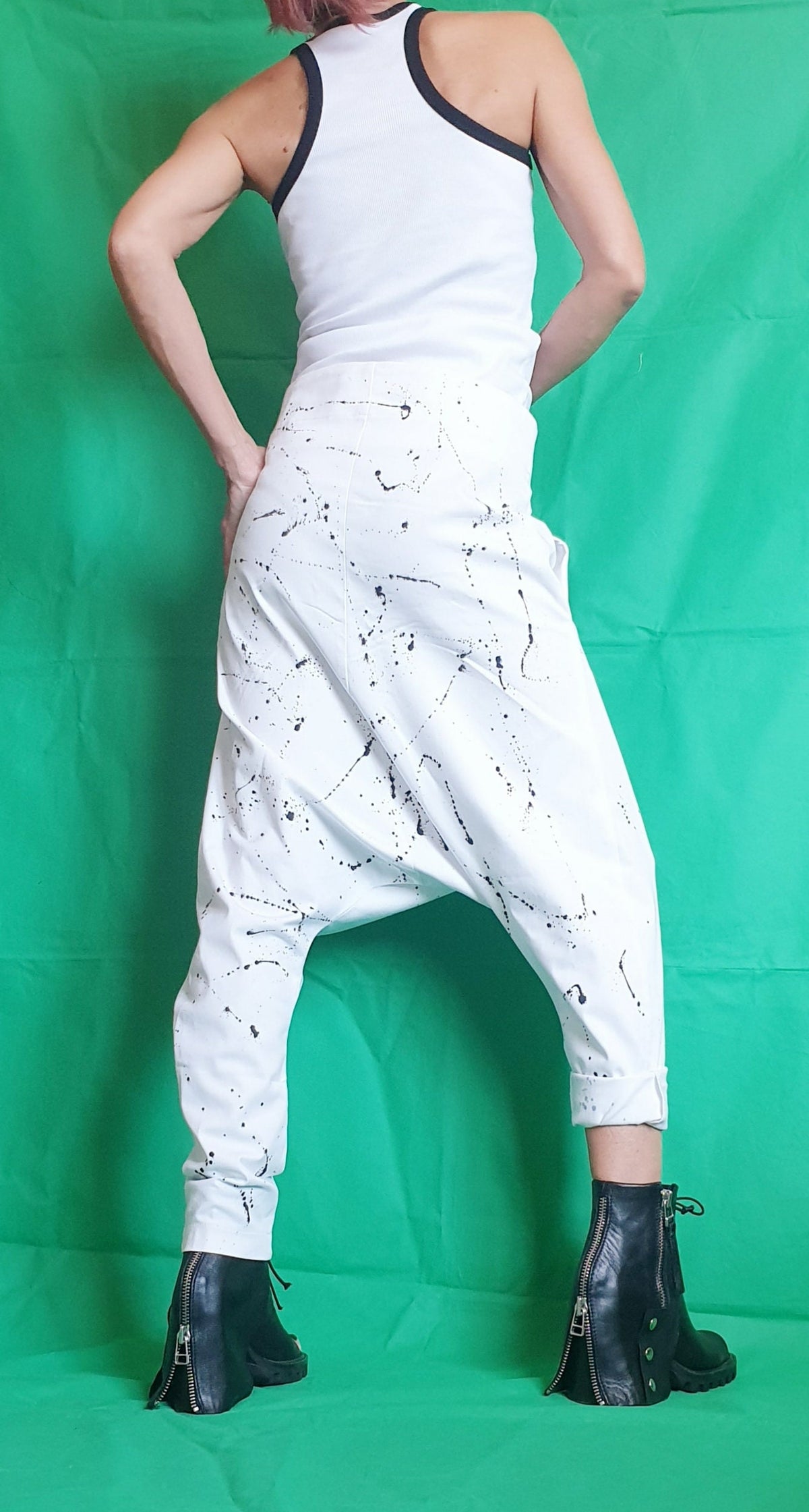 White Cotton Harem Pants, Drop Crotch Trousers, Decorative Buckles, Tapered Leg