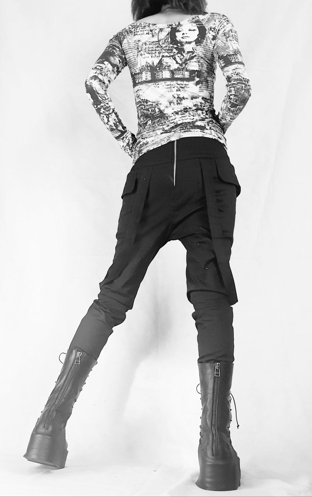 Black Slim Leg Pants, Side Pockets, Decorative Suspenders