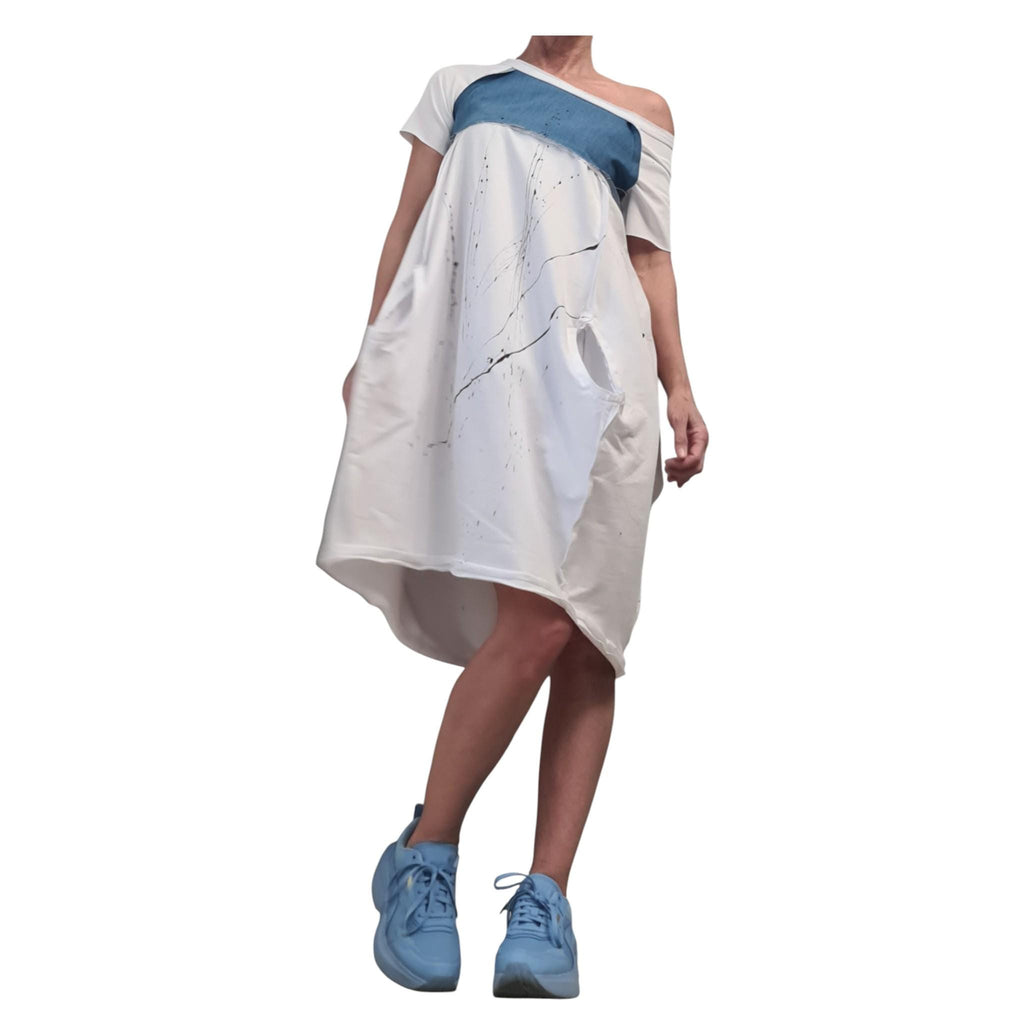 White Extravagant One Shoulder Dress, French Terry Cotton Denim Tunic, Plus Size Asymmetric Dress
