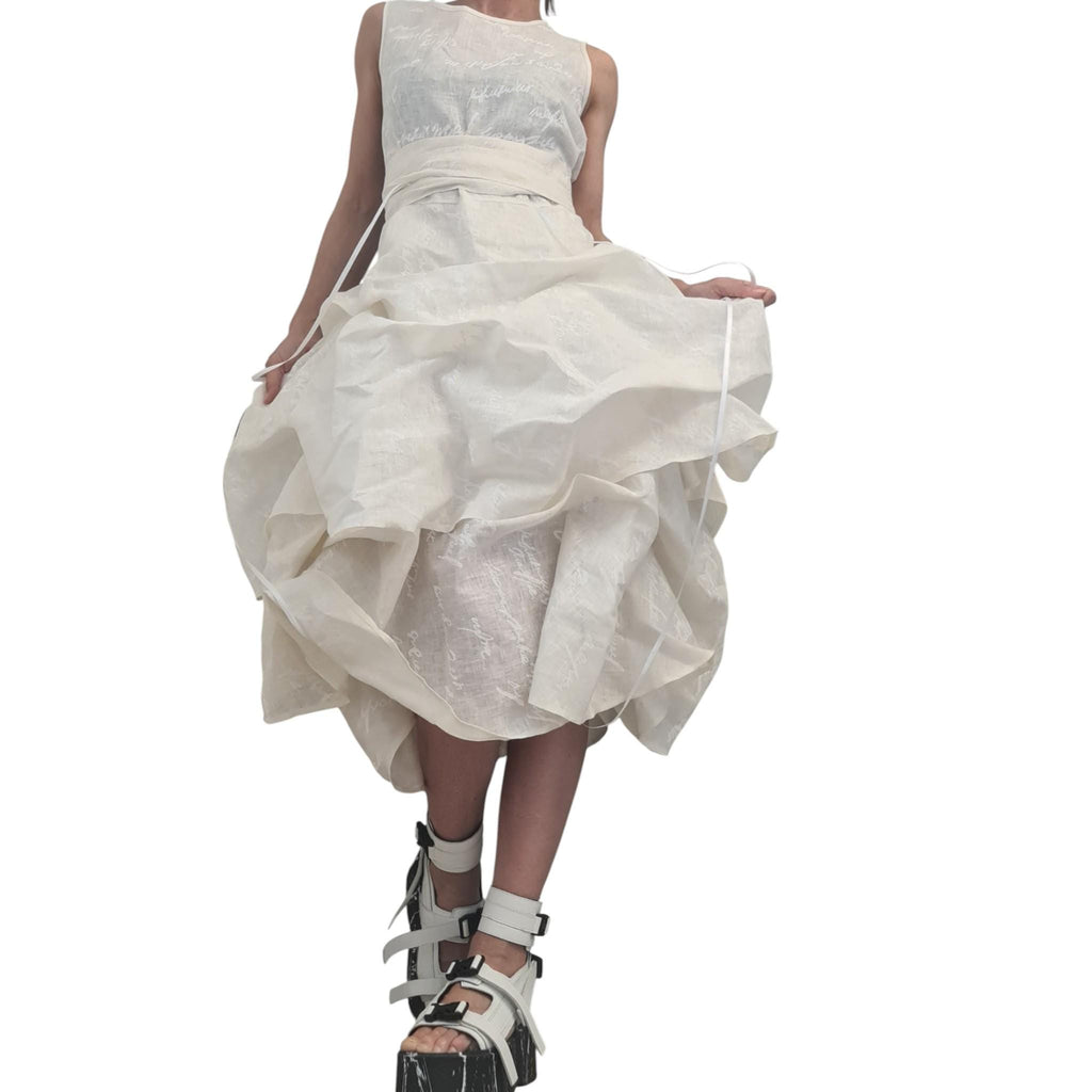 Champagne Linen Asymmetric Dress for Women, Sleeveless Layered Midi Dress, Graphic Sculptural Skirt Avantgarde