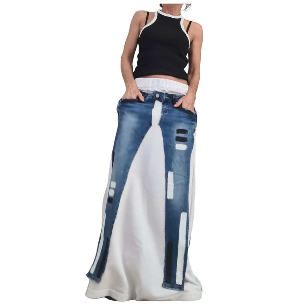 Deconstructed Denim Avant Garde Set, Hooded Short Cotton Sweatshirt, Long Skirt