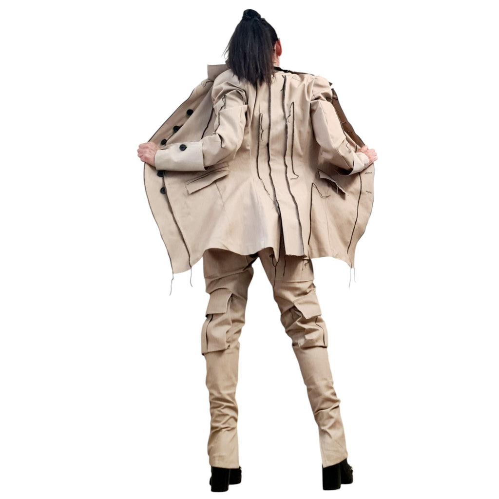 Extravagant Denim Women Costume, Asymmetric Avant Garde Blazer, Cargo Pants