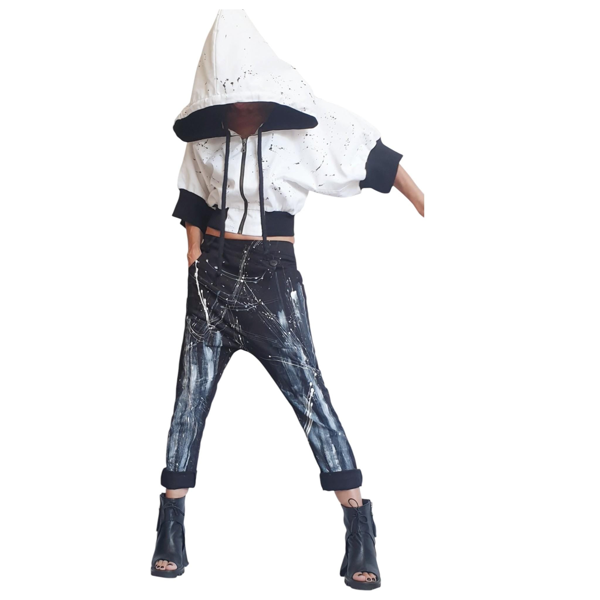 White Black Bomber Jacket Oversized Hooded Denim Coat | Urban Plus Size Streetwear for Women
