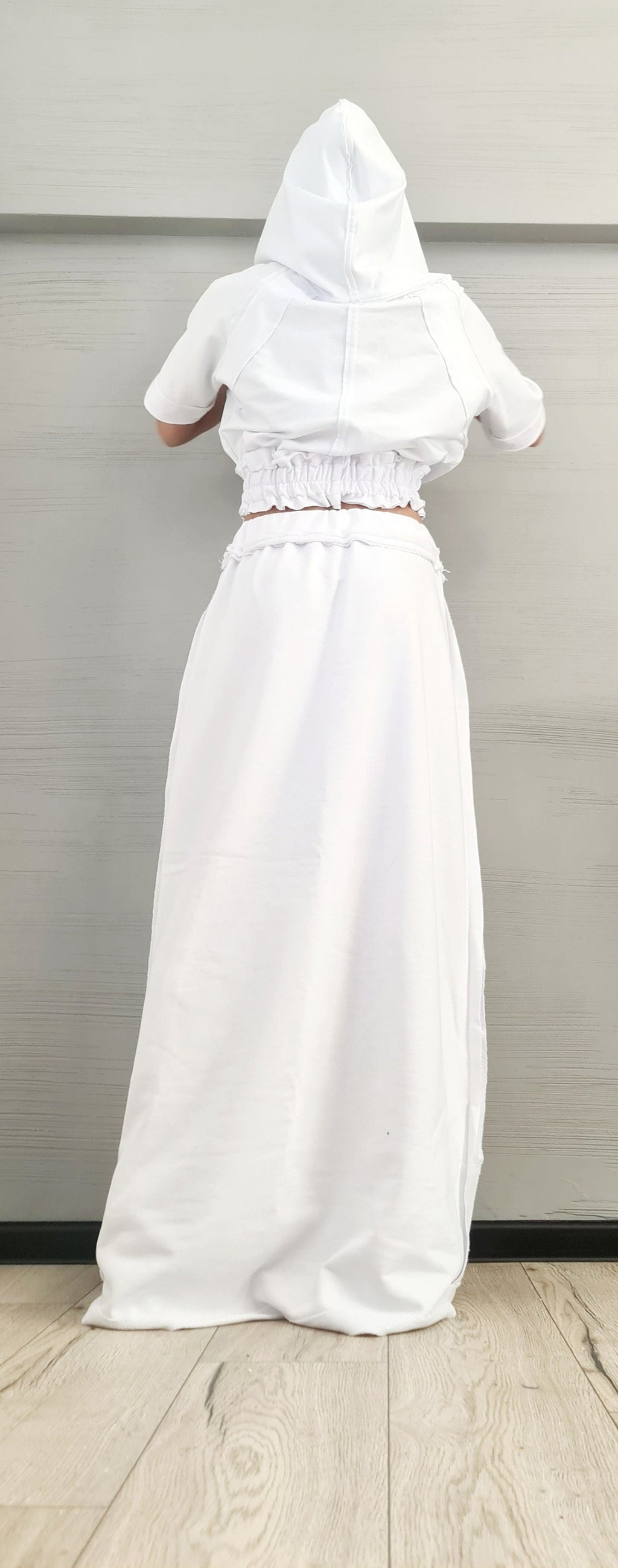 White Cotton Maxi Skirt Hoodie Set, Ruched Trim French Terry Co-Ord