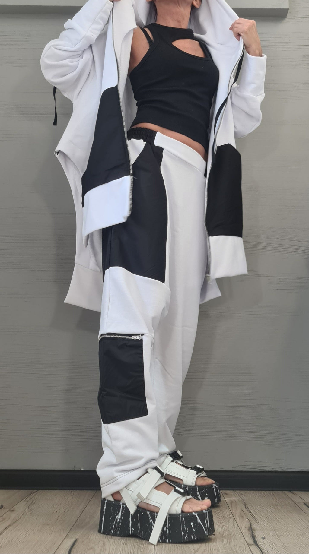 White Black Patchwork Harem Pants, Oversized Long Hooded Jacket, Contrast Panels, Two-Piece Co-Ord Set