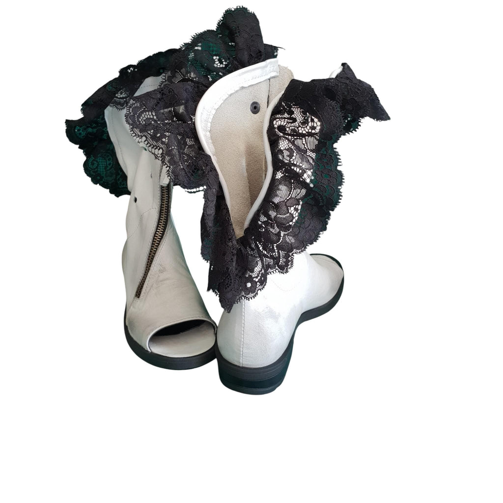 White Open Toes Summer Boots, Lace Ankle Leather Shoes, Extravagant Wedding Booties