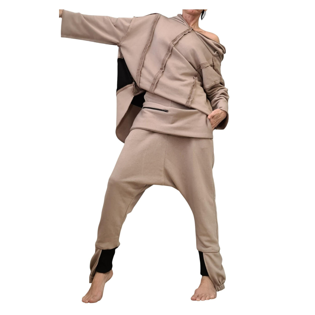Beige Cotton Drop Crotch Harem Pants, Oversized Long Sleeve Hooded Top, Travel Co-Ord Set