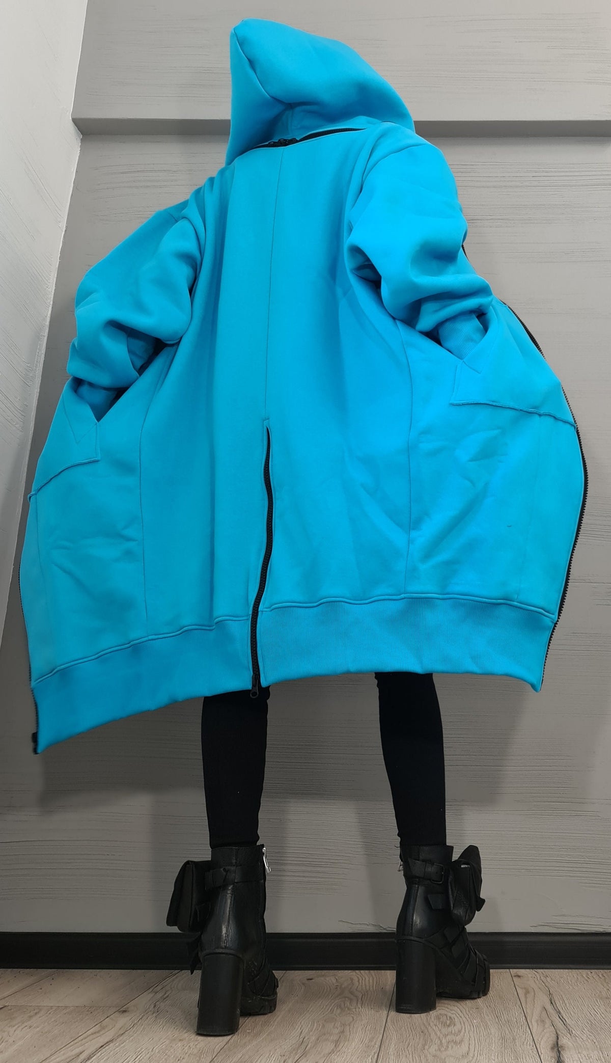 Blue Hooded Cotton Sweatshirt, Oversized Loose Coat, Plus Size Longline Hoodie