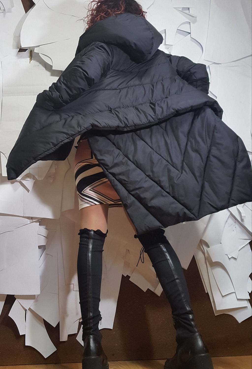 Black Asymmetric Puffer Coat, Oversized Hooded Quilted Winter Jacket, Plus Size High-Low Hem