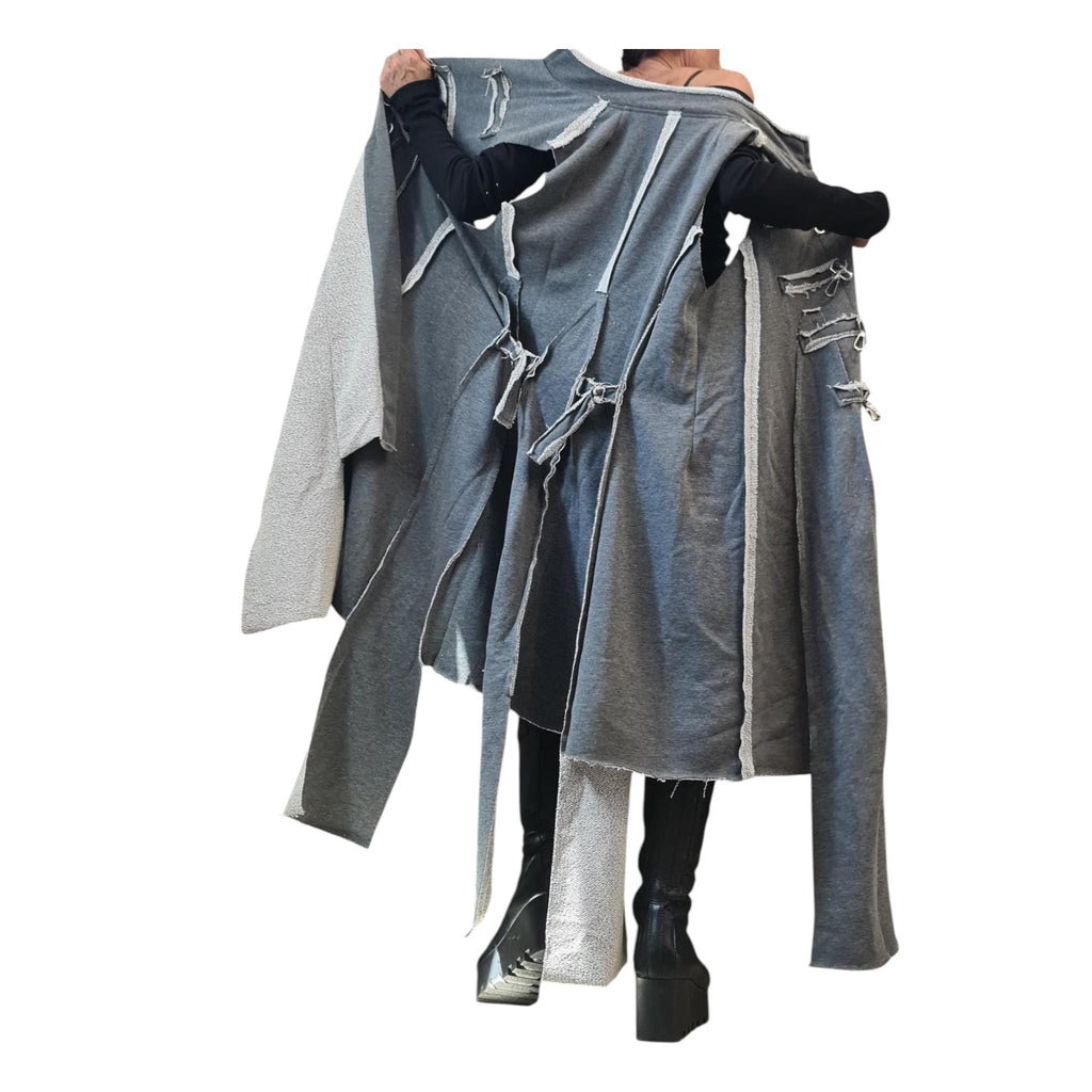 Grey Cotton Asymmetrical Maxi Vest, Sleeveless Longline Top, Raw Seams and Tie Details