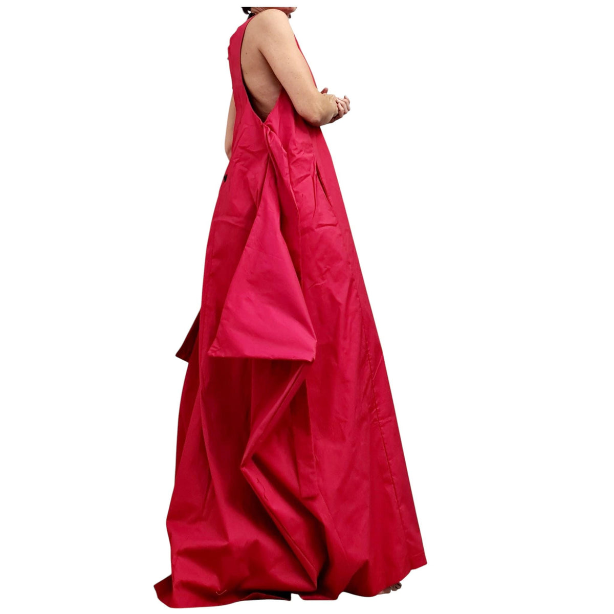 Red Backless Maxi Dress, Sleeveless Evening Wide Silhouette, Adjustable Design, Plus Size