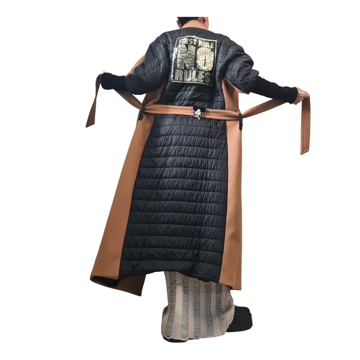 Beige Wool Maxi Coat, Black Quilted Sleeves and Back Panel, Belted Plus Size Overcoat