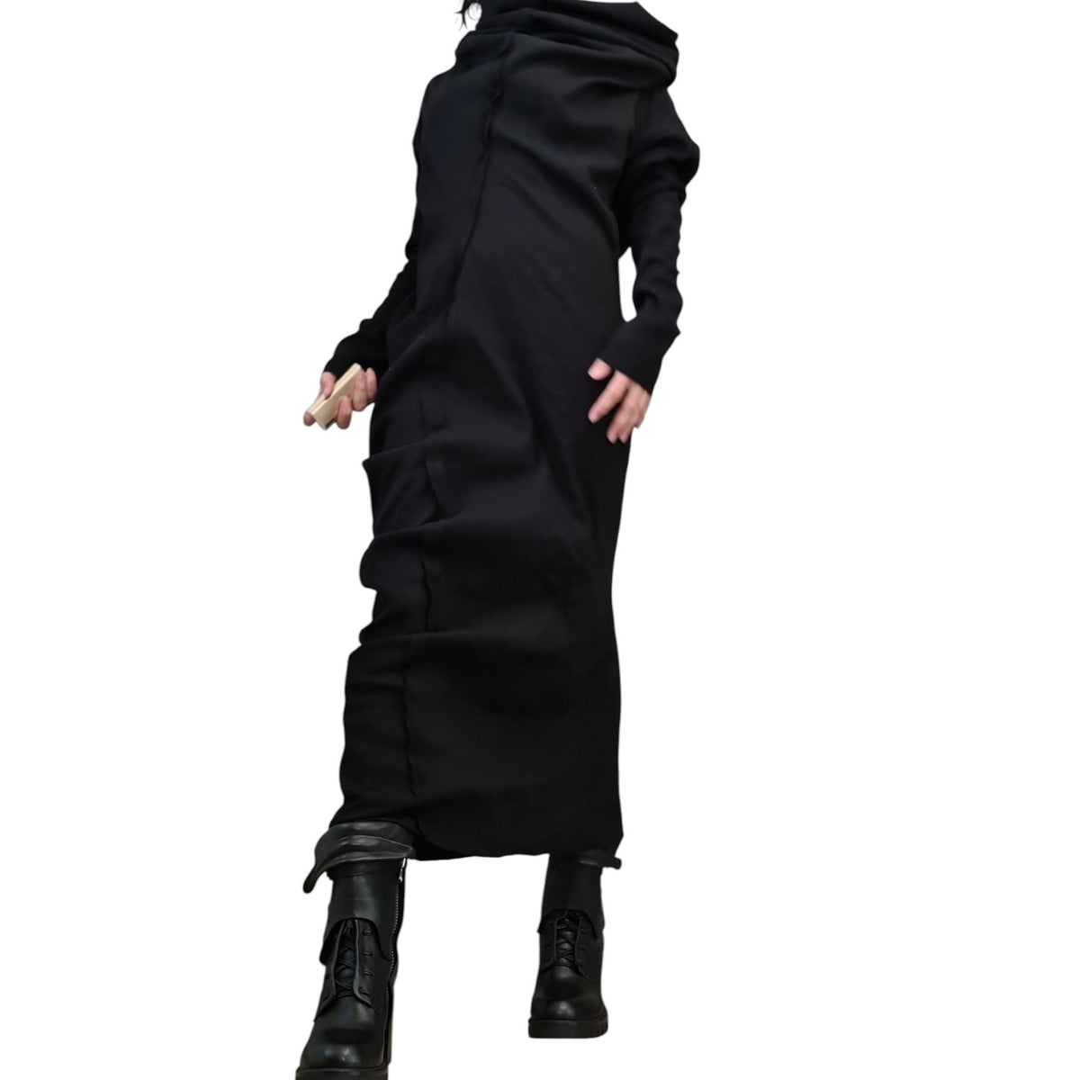 Extravagant Asymmetric Black Cotton Dress, Plus Size Clothing
