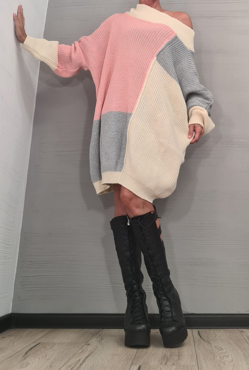 Dusty Rose Color Block Asymmetric Knit Tunic, Oversized Off Shoulder Sweater, Plus Size Top