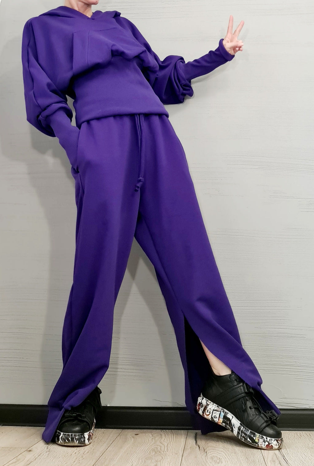 Purple Cotton Drop Crotch Harem Pants, Oversized Hooded Sweatshirt, Split Legs, Two-Piece Co-Ord Set