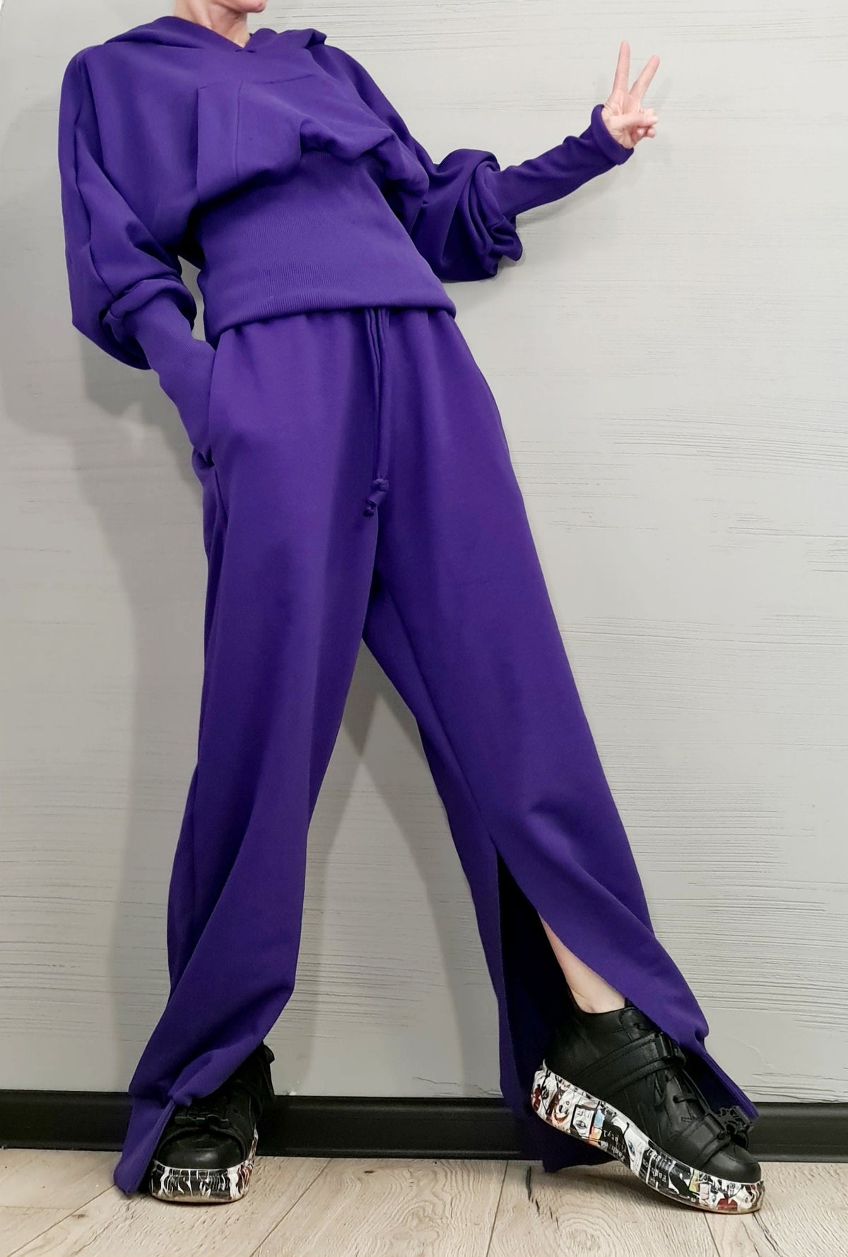 Purple Cotton Drop Crotch Harem Pants, Oversized Hooded Sweatshirt, Split Legs, Two-Piece Co-Ord Set