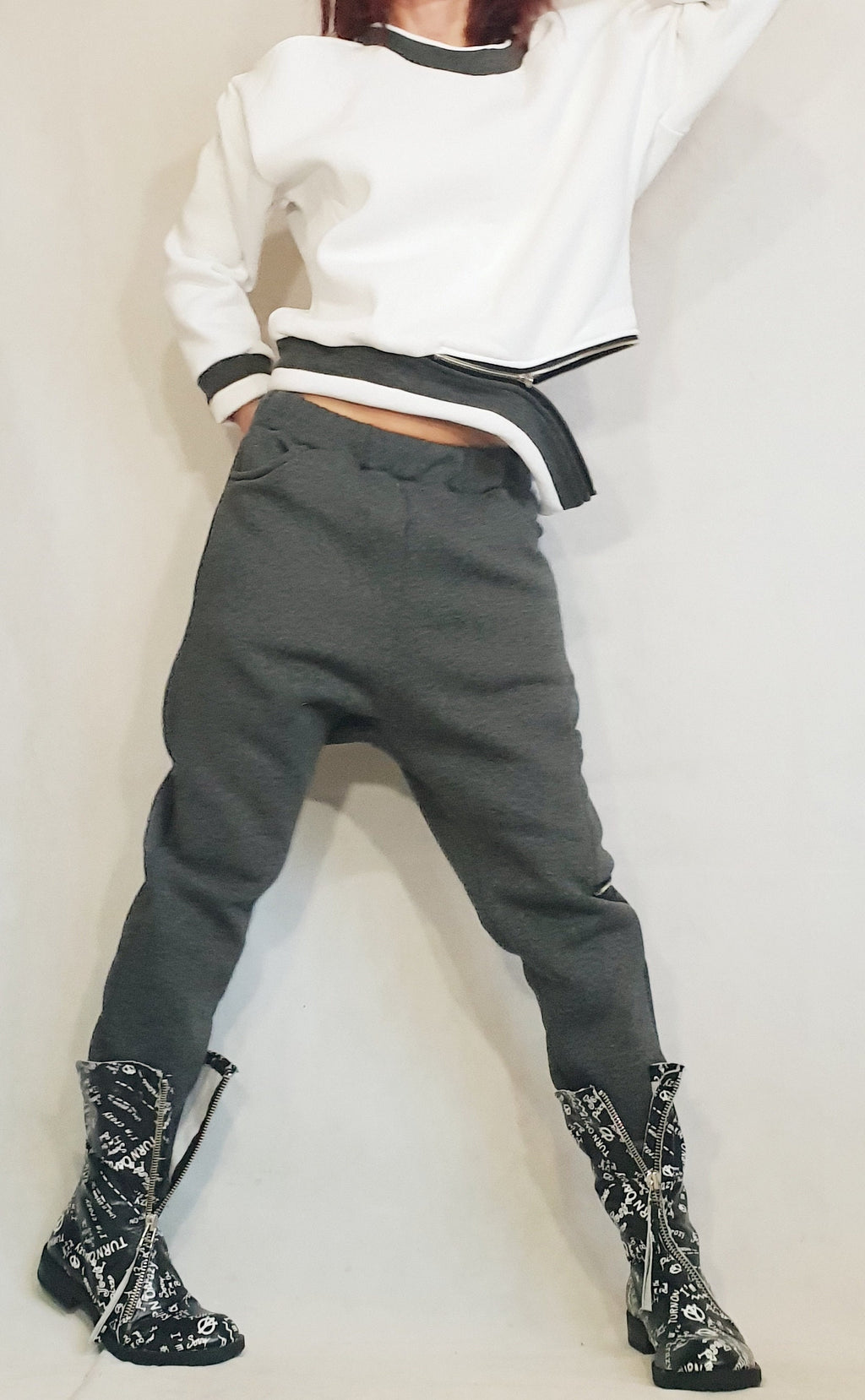 Grey Cotton Drop Crotch Pants, White Asymmetrical Cropped Sweatshirt, Contrast Trim, Two-Piece Co-Ord Set