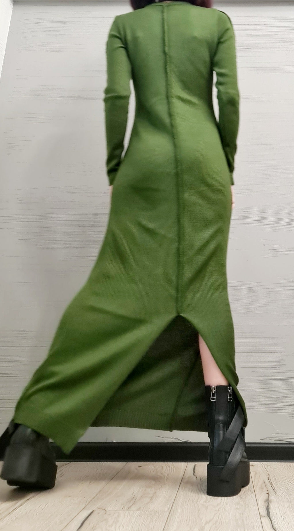 Military Green Asymmetric Maxi Knit Dress, Long Sleeves, Plus Size Sweater