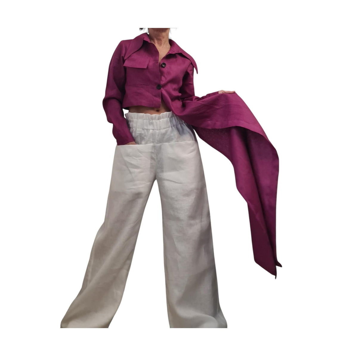 White Linen Wide Leg Pants, High Waist Linen Trousers with Large Pockets