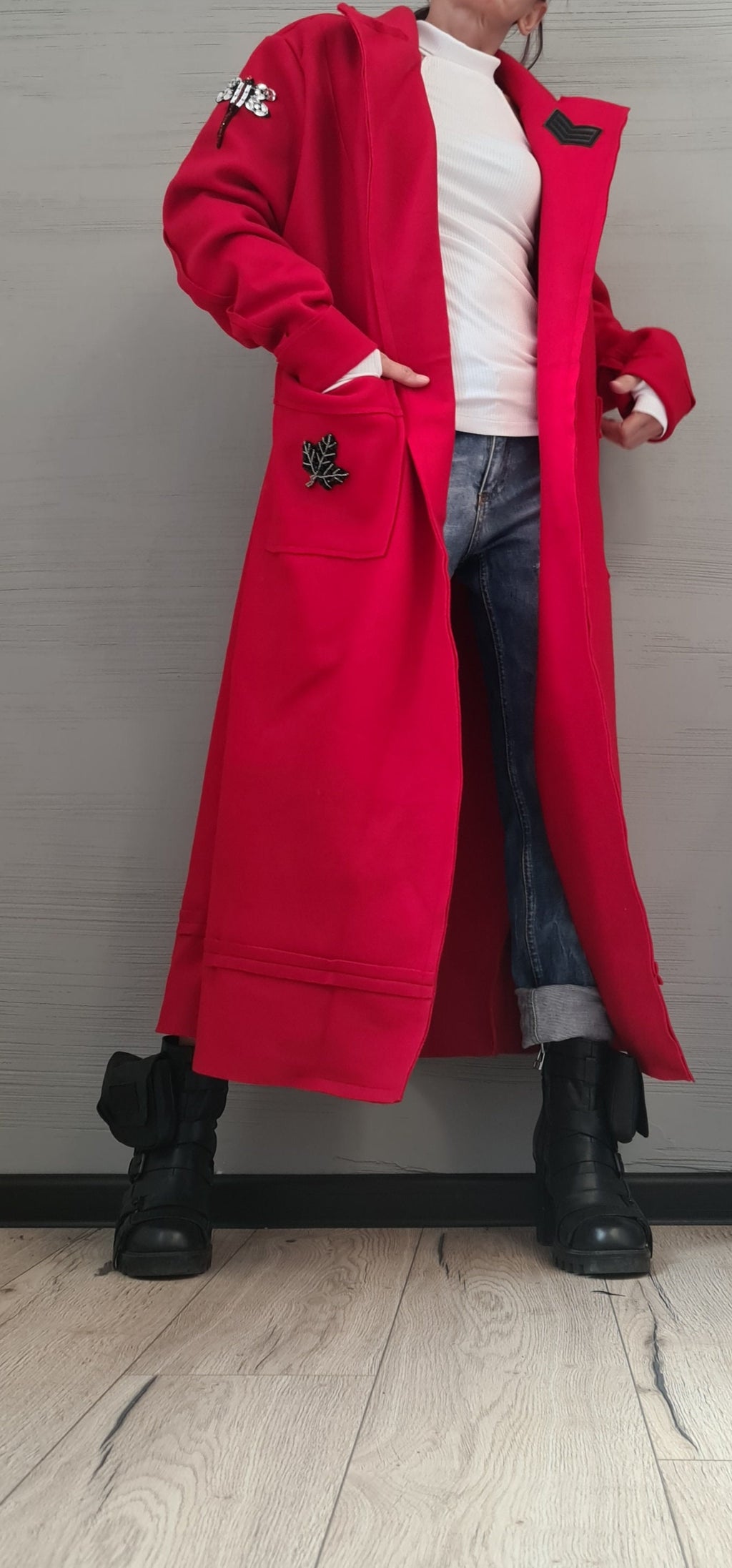 Red Wrap Maxi Coat with Collar, Double Belt Closure, Long Sleeves, Plus Size