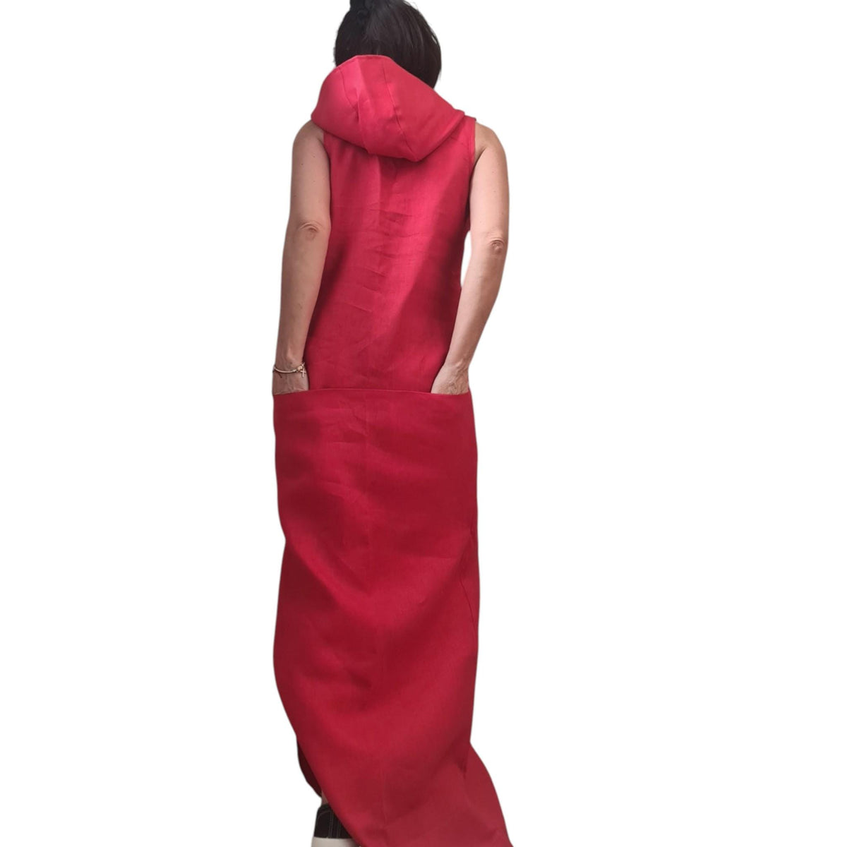 Red Linen Hooded Maxi Dress Women, Sleeveless Long Kaftan, Boho Summer Sundress