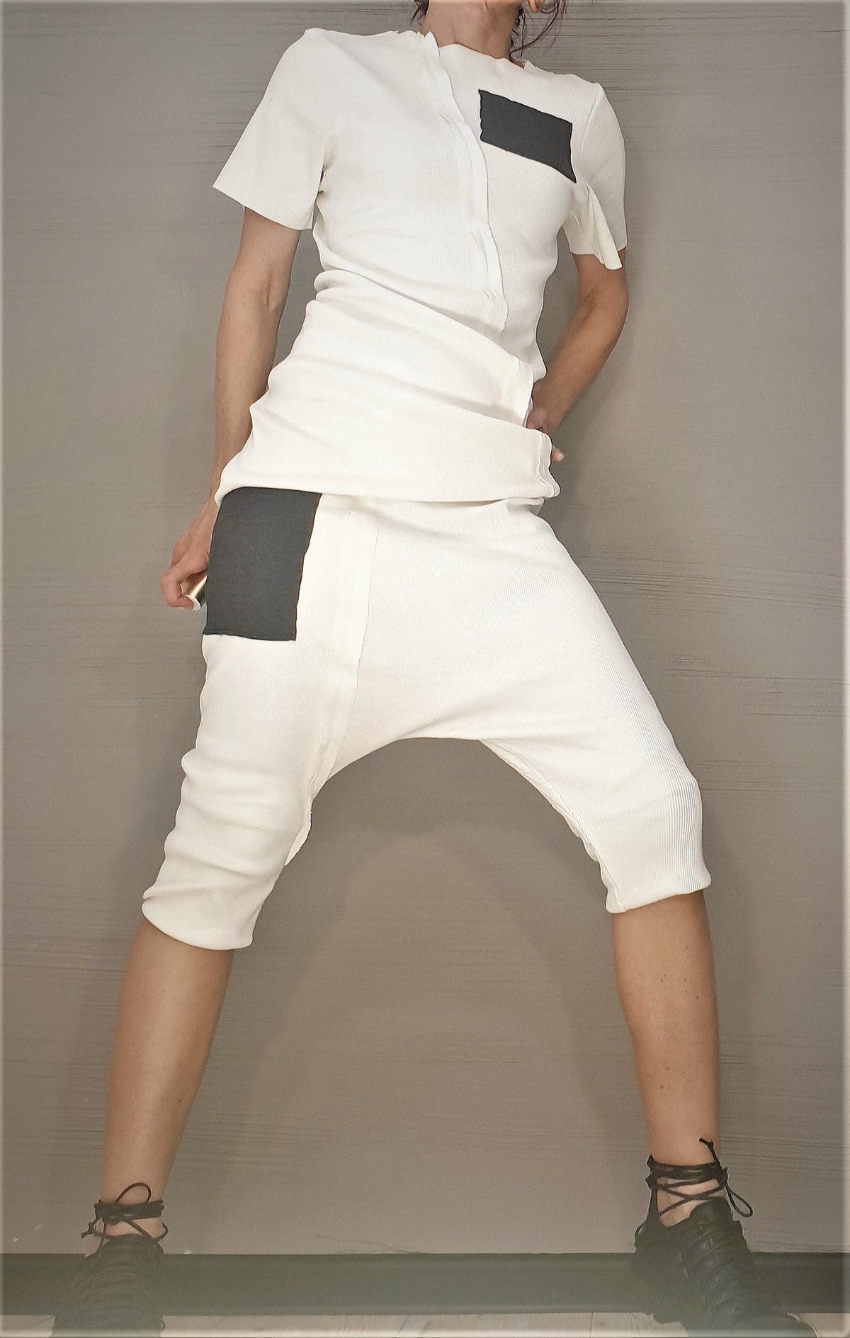 Women’s White Cotton French Terry Co-Ord Set, Asymmetrical Blouse, Cropped Harem Pants