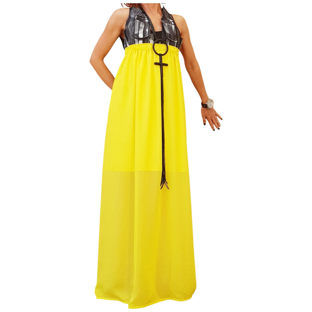 Open Back Maxi Dress, Denim Top Chiffon Dress, Oversized Avant Garde Clothing