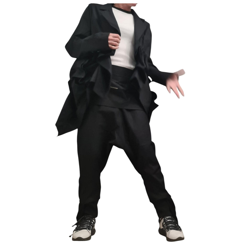 Linen Avant Garde Jacket and Harem Pants Set, Asymmetric Open Back Women's Wear