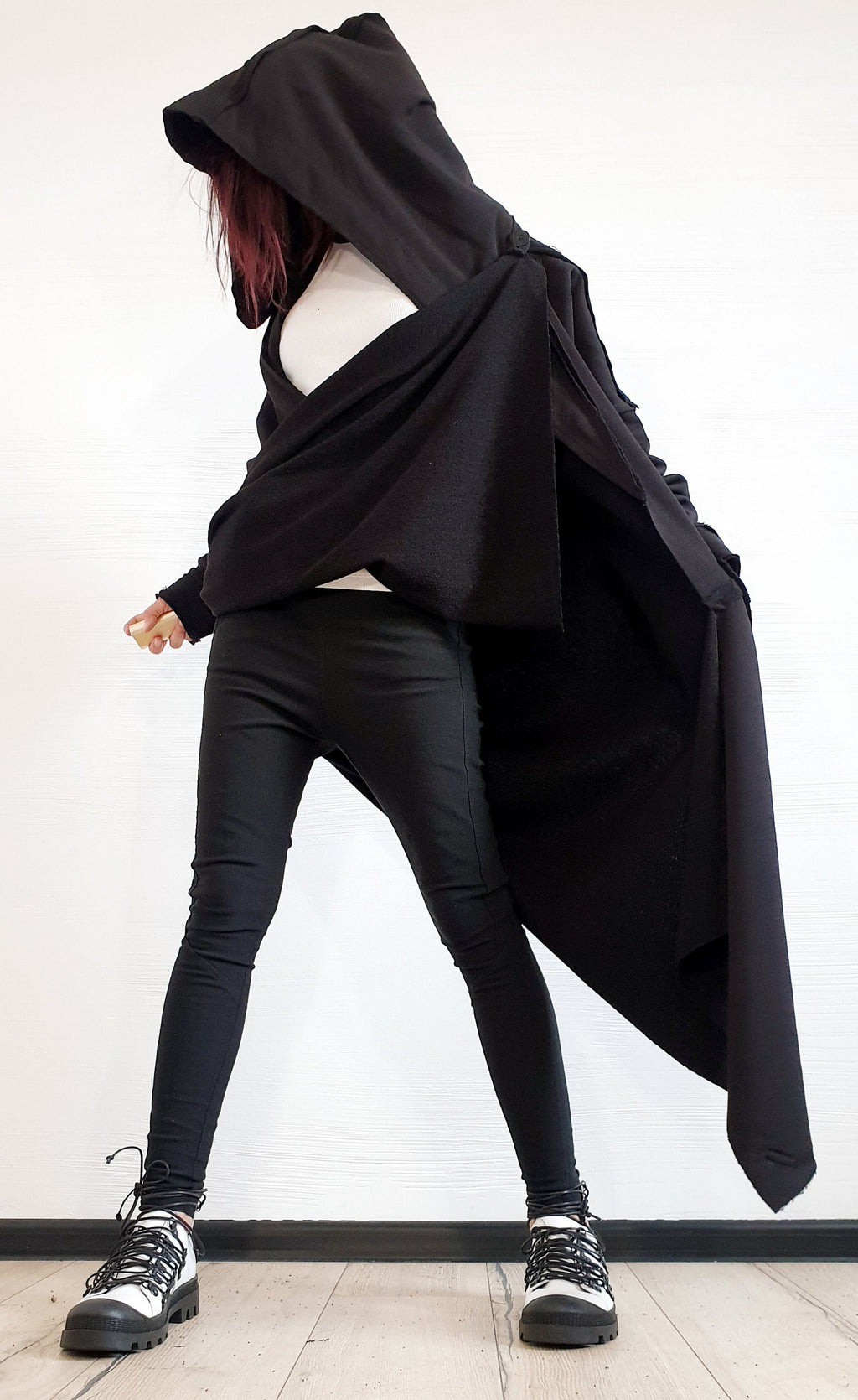 Black Asymmetric Cotton Sweatshirt, Long Hooded Oversized Jacket, Plus Size Coat, Exposed Seams