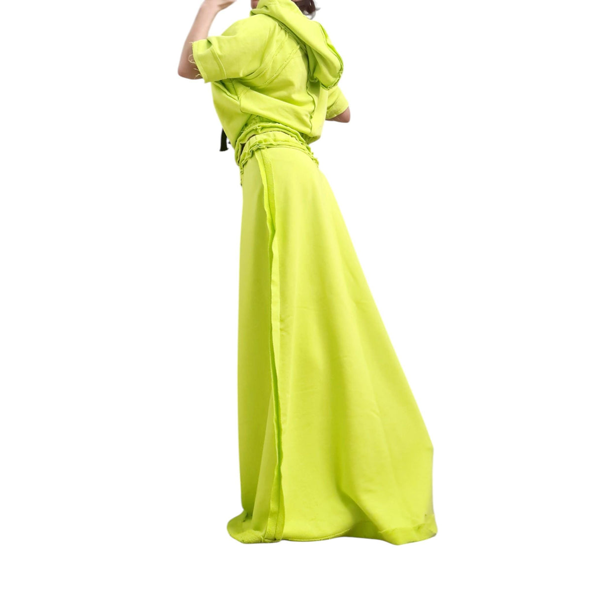 Lime Green Cotton High-Waist Maxi Skirt, Cropped Short-Sleeve Hoodie, Exposed Seams, Two-Piece Co-Ord Set