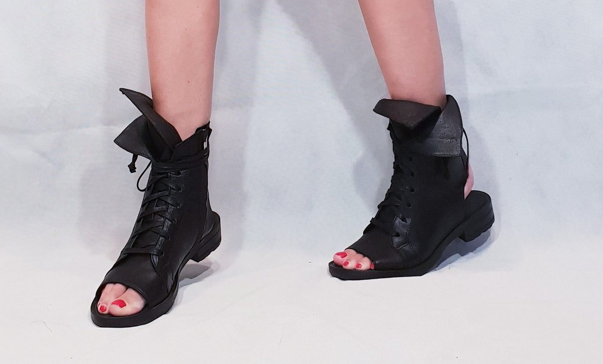 Black Asymmetric Leather Sandals, Handmade Flat Shoes, Open Toe Summer Footwear