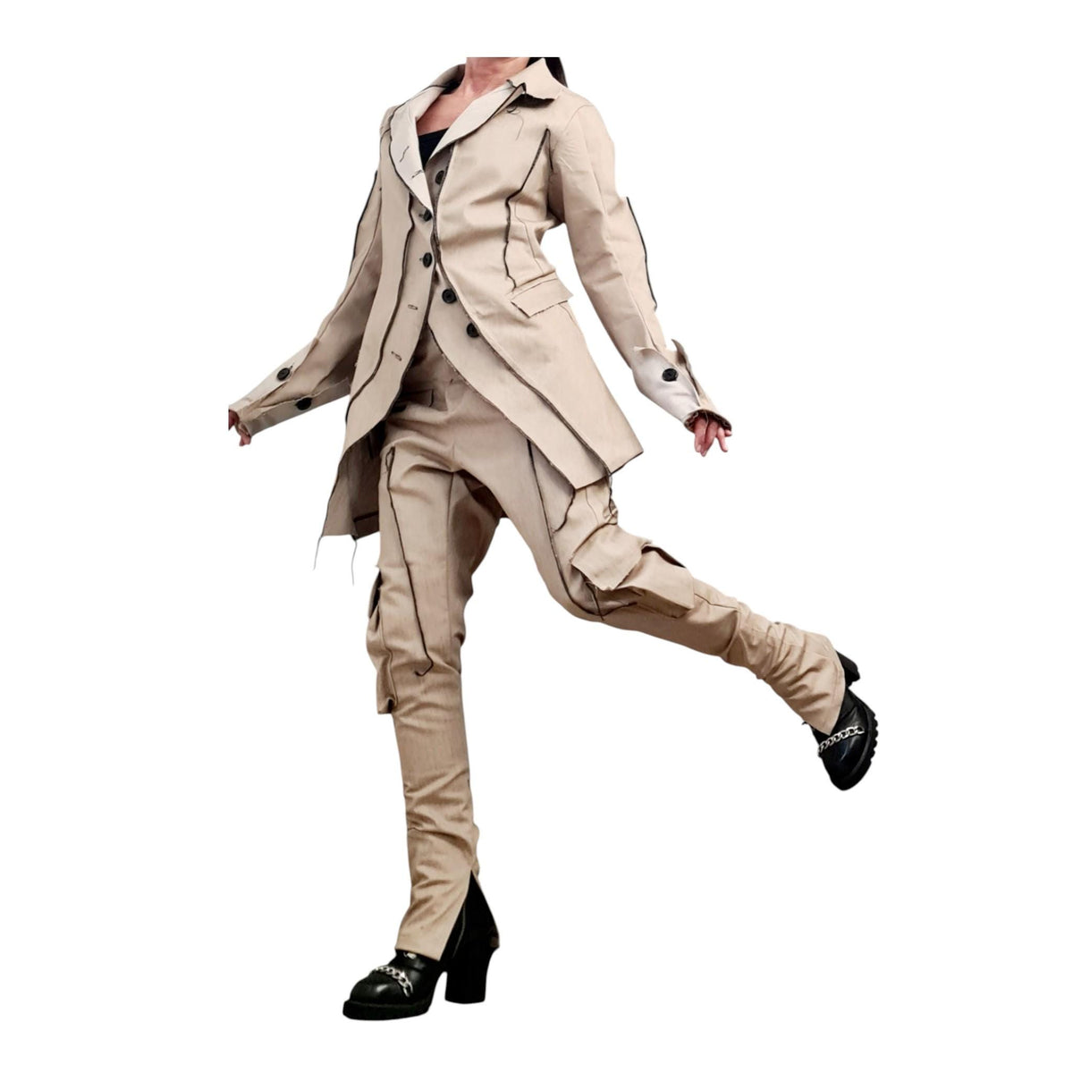 Extravagant Denim Women Costume, Asymmetric Avant Garde Blazer, Cargo Pants