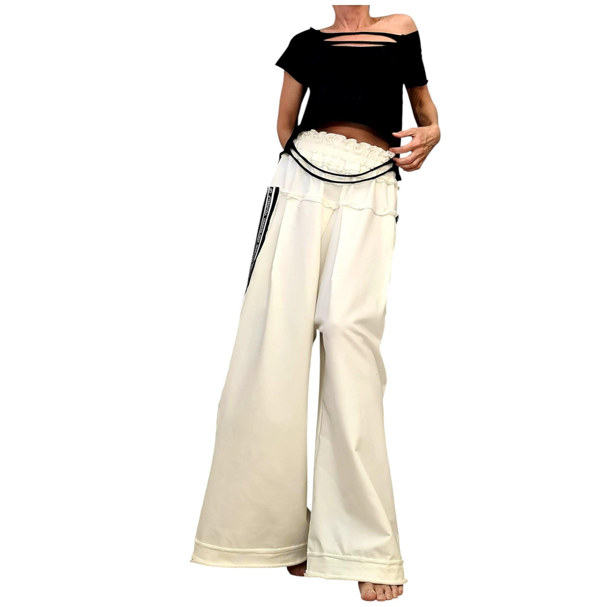 Ivory French Terry Wide Leg Pants, Relaxed Cotton Trousers, Elastic Waist