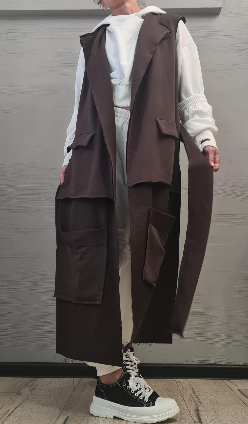 Brown Asymmetric Cotton Vest, Short Back and Long Front, Oversized Patch Pockets, Plus Size