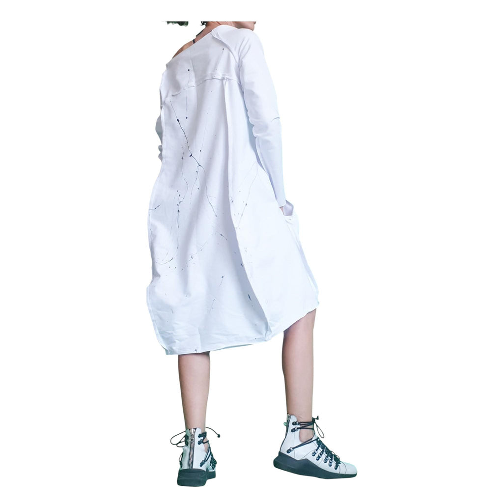 White F Oversized Sweatshirt Dress, Asymmetric High Low Cut