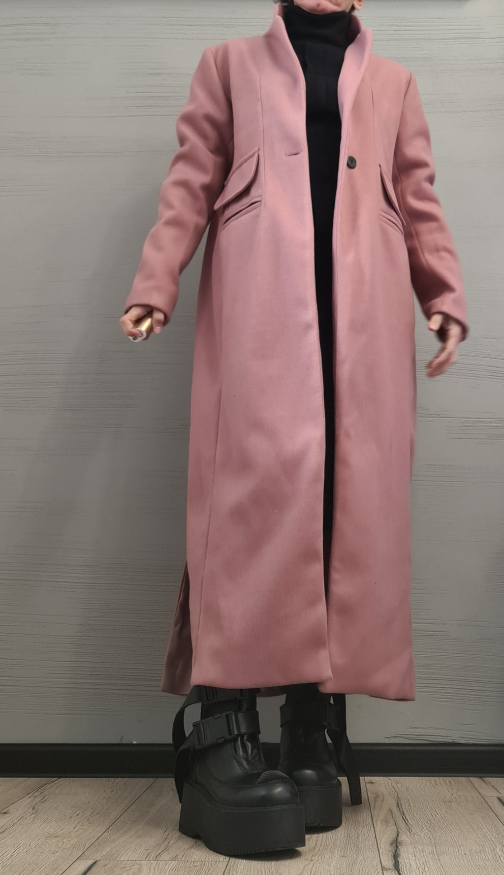 Dusty Rose Long Coat, Asymmetrical Wrap Front and Ruched Sleeves, Plus Size