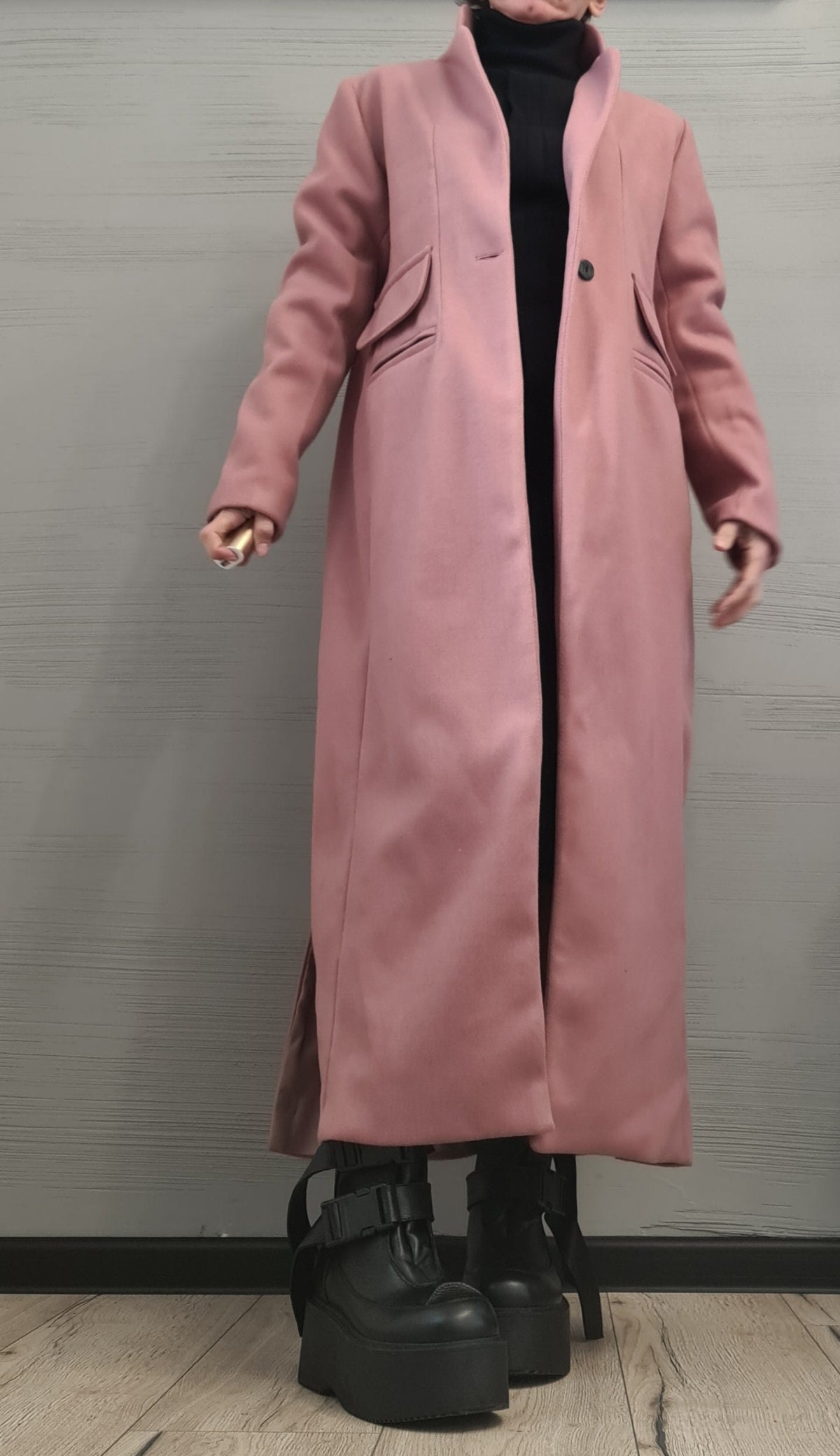 Dusty Rose Long Coat, Asymmetrical Wrap Front and Ruched Sleeves, Plus Size