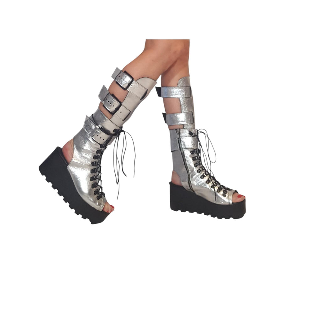 Silver Greek Sandals, Platform Gladiator Shoes, Open Toe Leather Footwear