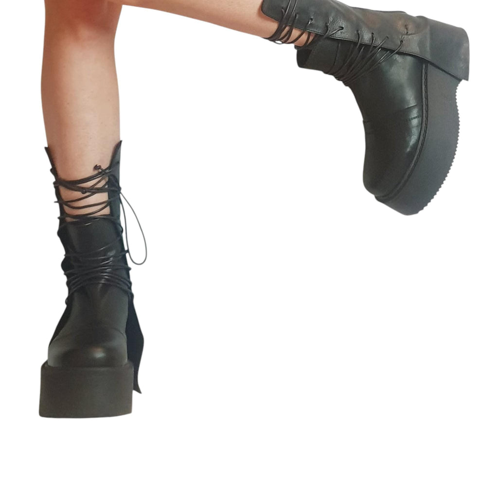 Black Leather Platform Gothic Boots, Lace Up Mid Calf Booties, Grunge Shoes