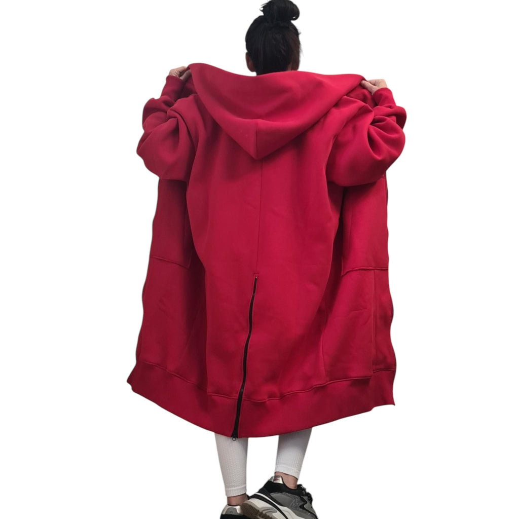 Red Convertible Cotton Maxi Hoodie Dress, Detachable Puff Sleeves, Full Zip Front, Plus Size