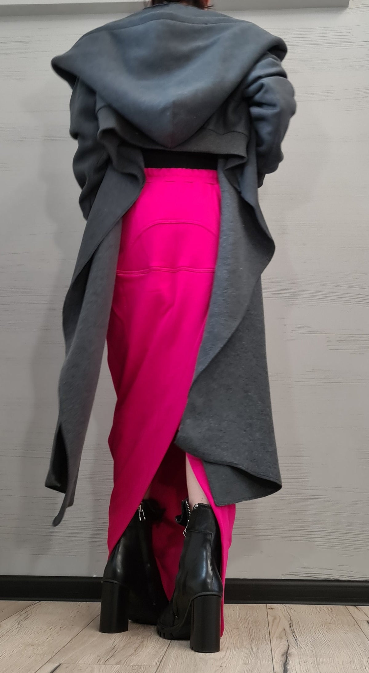 Grey Cotton Hooded Cardigan, Long Asymmetric Wrap Jacket, Cropped Back