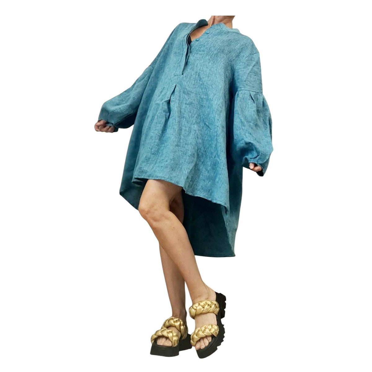Turquoise Linen Dress for Women, Handmade Clothing, Oversized Asymmetrical Tunic, Balloon Sleeves