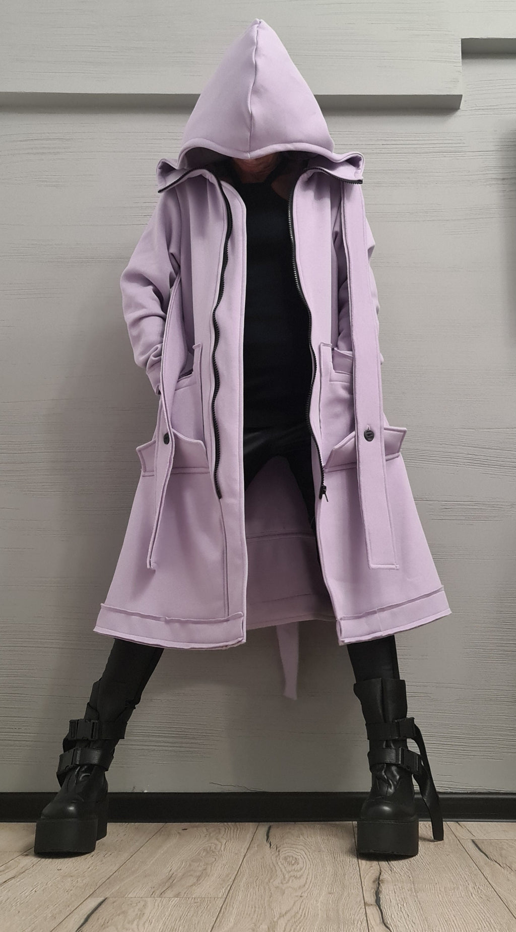 Lavender Oversized Hooded Cotton Coat, Plus Size Long Sweatshirt Jacket, Large Cargo Pockets