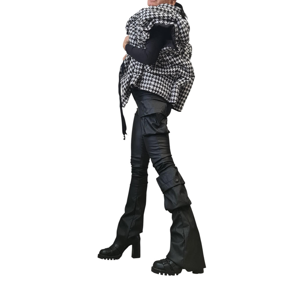 Black White Houndstooth Puffer Vest, Oversized Asymmetric Gilet, Quilted Sleeveless Winter Jacket