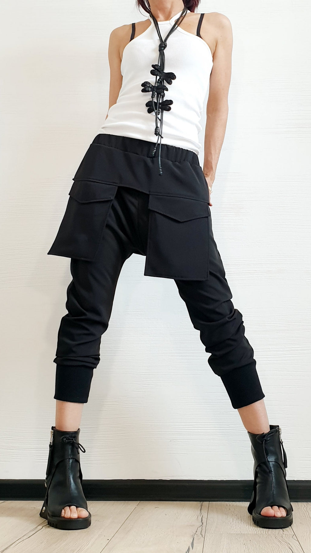 Black Harem Cargo Pants, Attached Skirt Panel, Tapered Leg