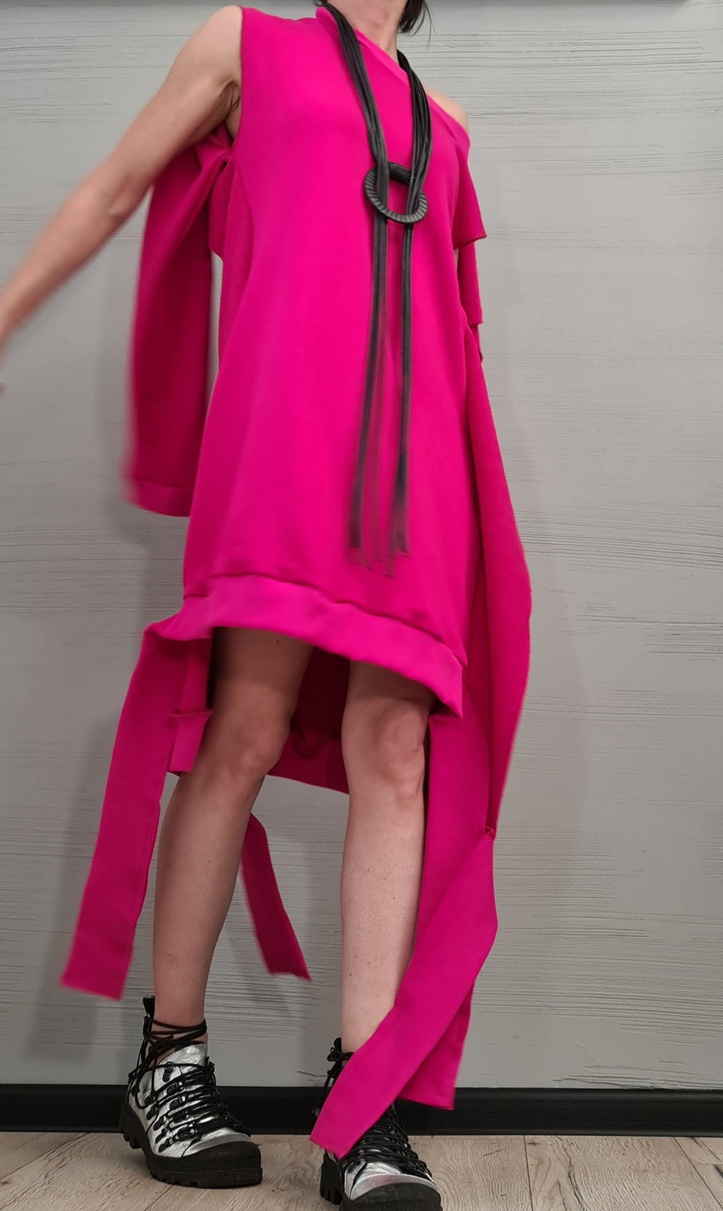 Fuchsia Asymmetrical Tunic, Cotton Loose Fit, Removable Sleeves Dress, Plus Size Dress for Women