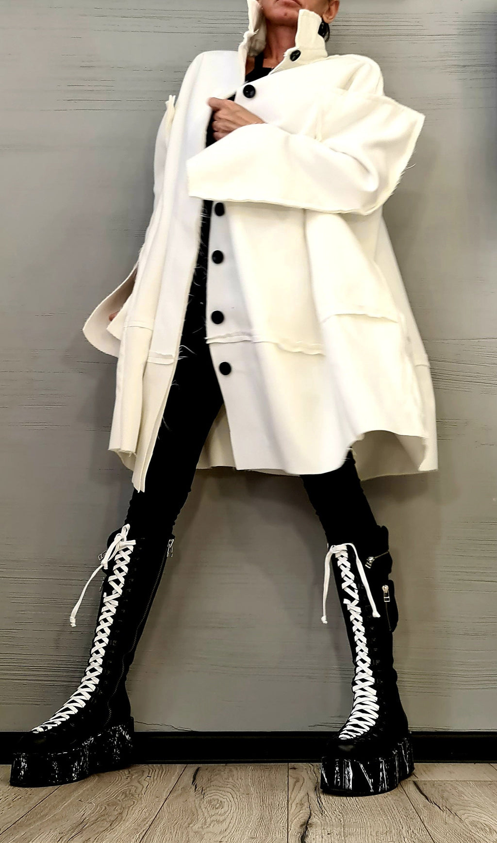 Ivory Oversized Wool Coat, Plus Size Loose Jacket, High Collar Winter Outerwear