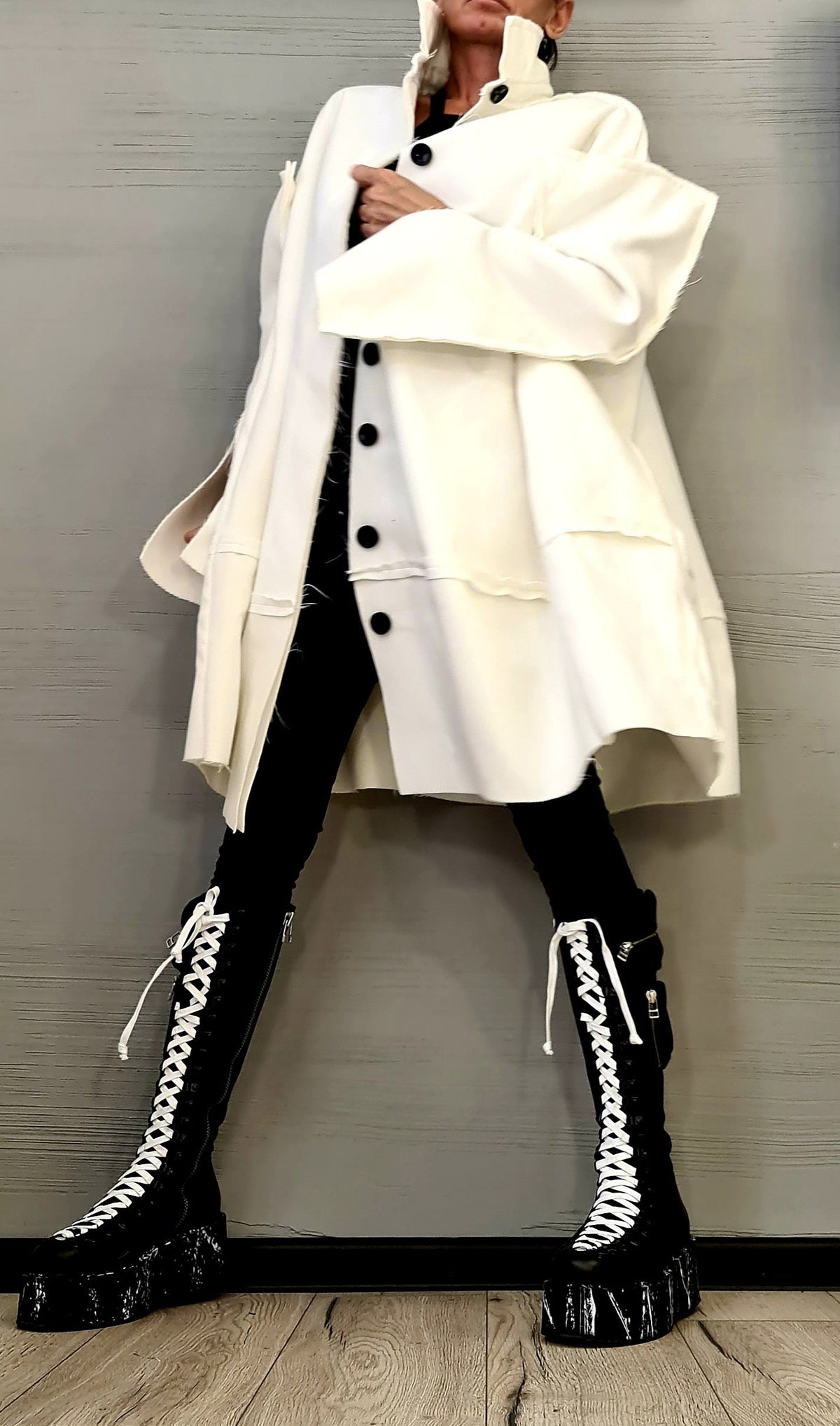Ivory Oversized Wool Coat, Plus Size Loose Jacket, High Collar Winter Outerwear